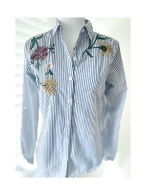 Blue and White Striped Shirt with Floral Embroidery